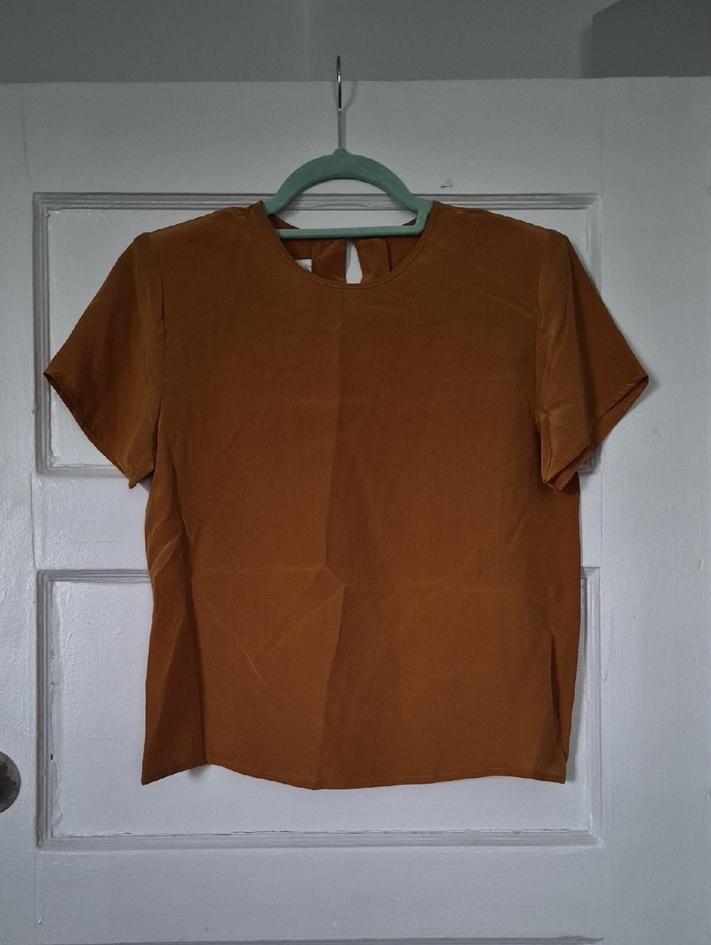 100% Silk Casual Short-Sleeve Round Neck Blouse in Rust Size 4
